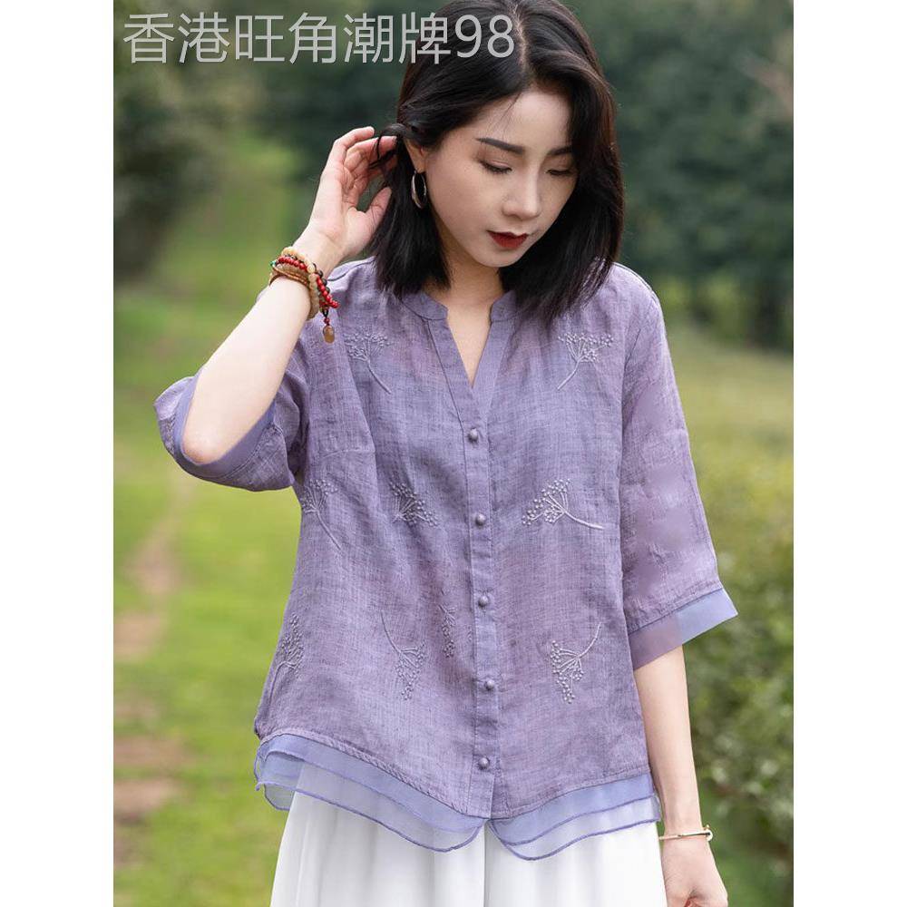 潮牌文艺苎麻满福绣衬衣V领女夏开衫宽松纯色欧根纱拼接短袖上衣