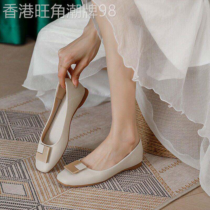白色单鞋2026新款春秋真皮奶奶鞋女鞋平底软皮豆豆鞋仙女风瓢鞋子