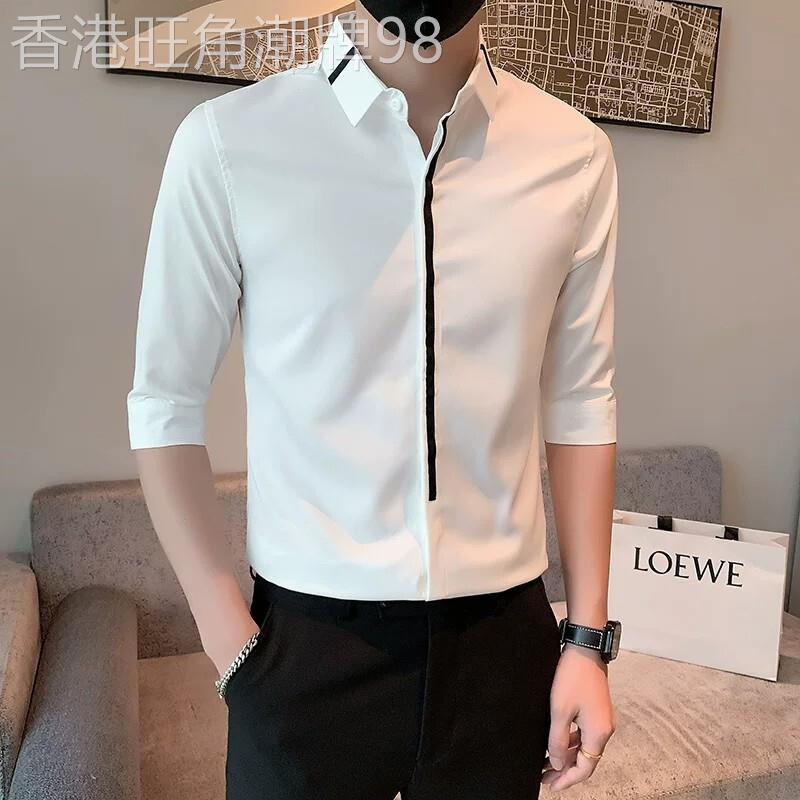潮牌高级感衬衫男新款男装上衣夏季商务五分袖寸衫痞帅短袖衬衫潮