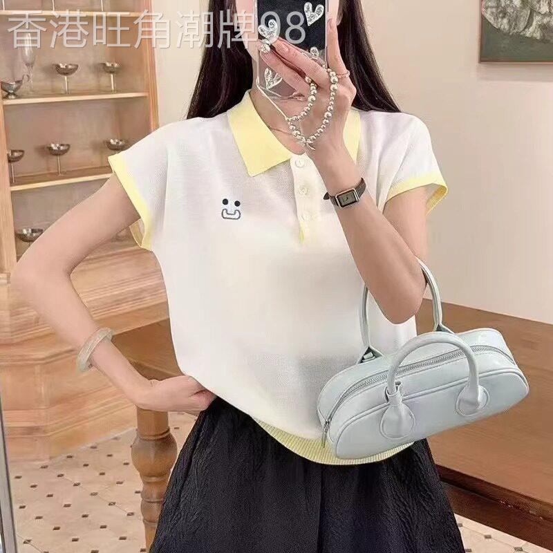 爆款短袖t恤女士夏季2026年新款白色气质冰丝针织Polo衫T恤上衣图片