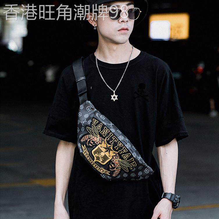 香港潮牌欧美刺绣男真皮胸包韩版青年时尚潮流腰包街头单肩斜挎包