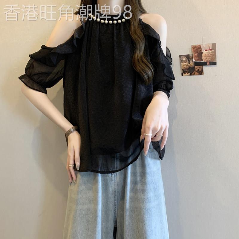 法式雪纺衬衫女短袖夏季薄款2026新款宽松大码遮肚娃娃衫露肩上衣