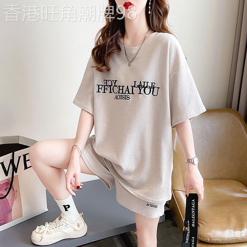 休闲运动套装女夏2025年新款韩版时尚大尺码宽松纯棉短袖短裤两件