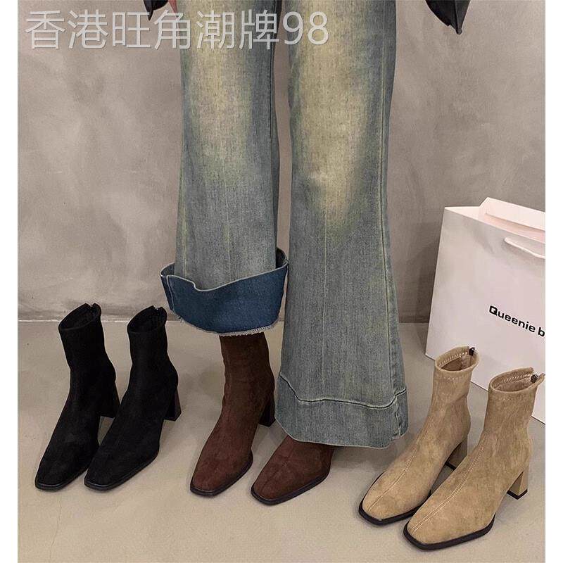 韩国小短靴麂皮女靴2025新秋冬羊毛衬里方趾修身短靴高跟鞋