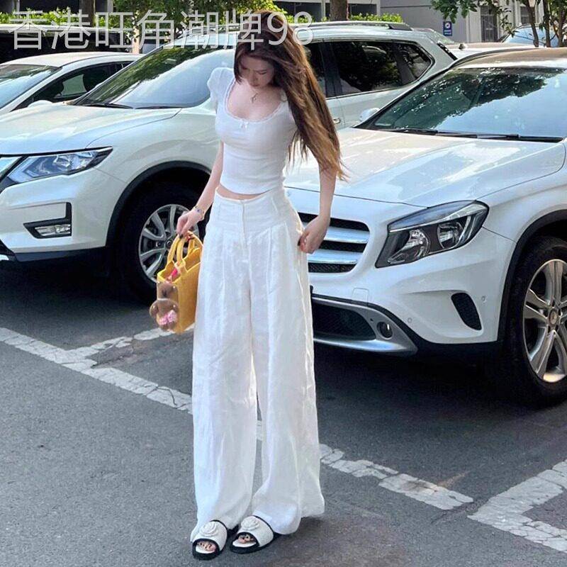 高腰白色宽裤女夏季薄款2026年新款直筒宽松休闲慵懒风防晒长裤