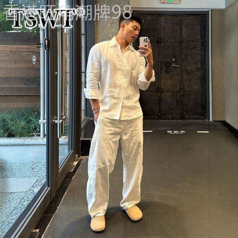 高端老钱风白色休闲套装男款夏季2026新款亚麻衬衫长裤男士一整套