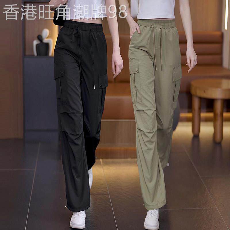 美式工装裤女阔腿裤2026新款松紧腰显瘦多口袋薄款休闲直筒运动裤