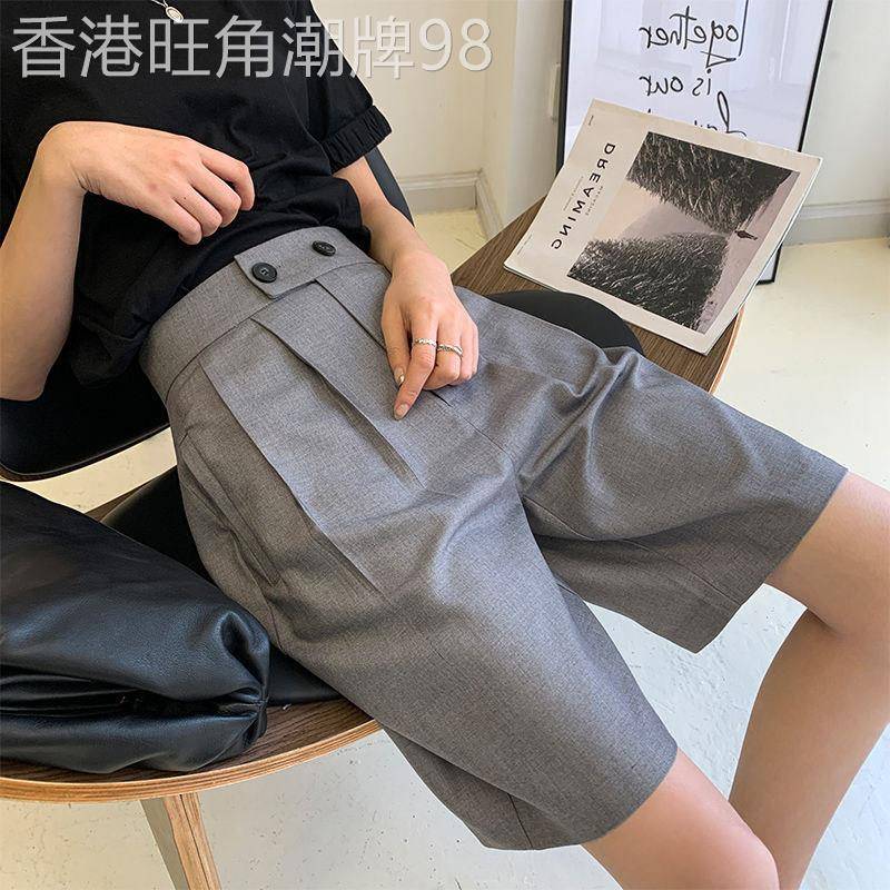 灰色直筒西装短裤女夏高腰显瘦小个子大码五分裤休闲a字阔腿中裤