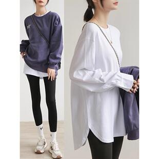 2025秋冬新款纯棉白色T恤女长袖中长款开叉高级感叠穿内搭打底衫