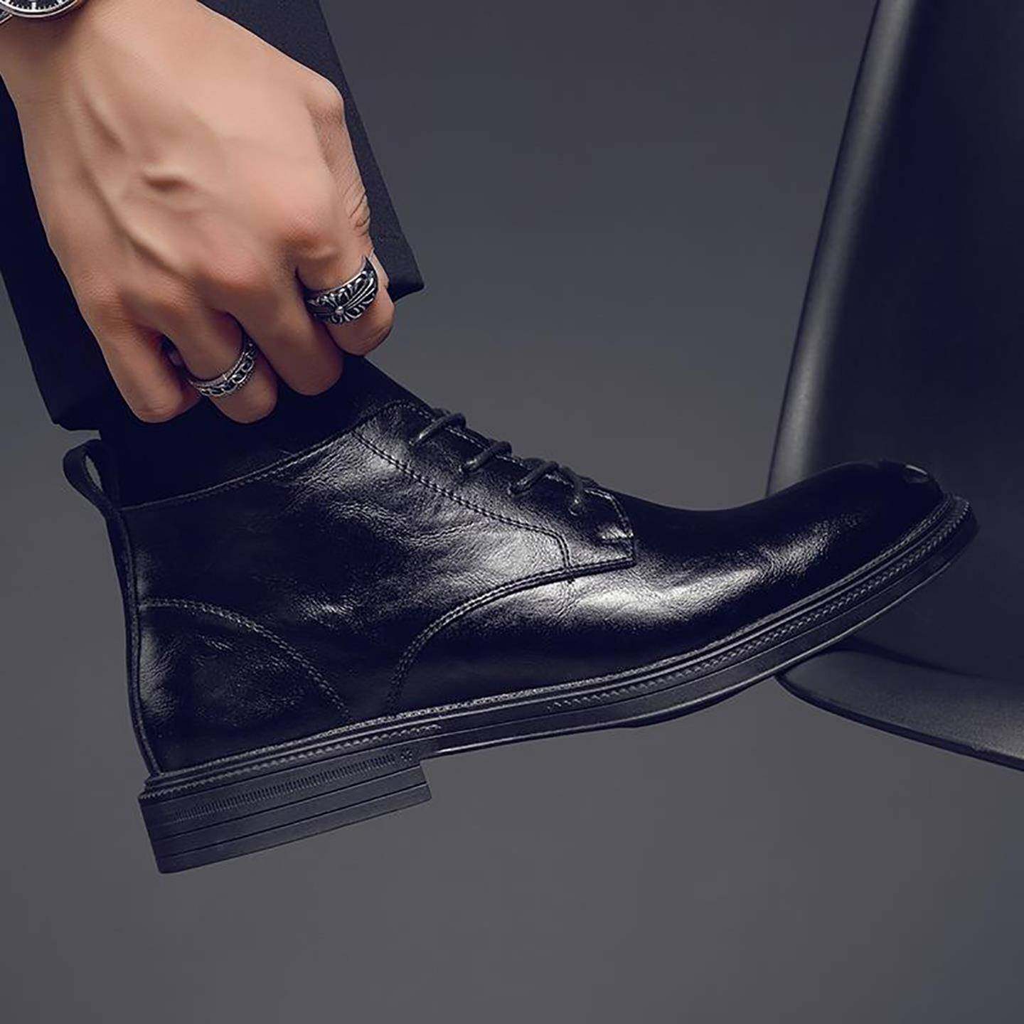 黑色皮鞋男款冬季新款加绒中低帮真皮马丁靴男士商务正装高帮皮鞋