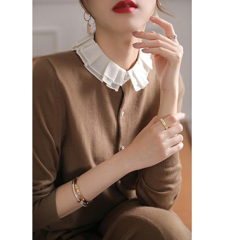 香港TIMO羊毛针织开衫女秋冬新款木耳边娃娃领宽松百搭毛衣打底衫