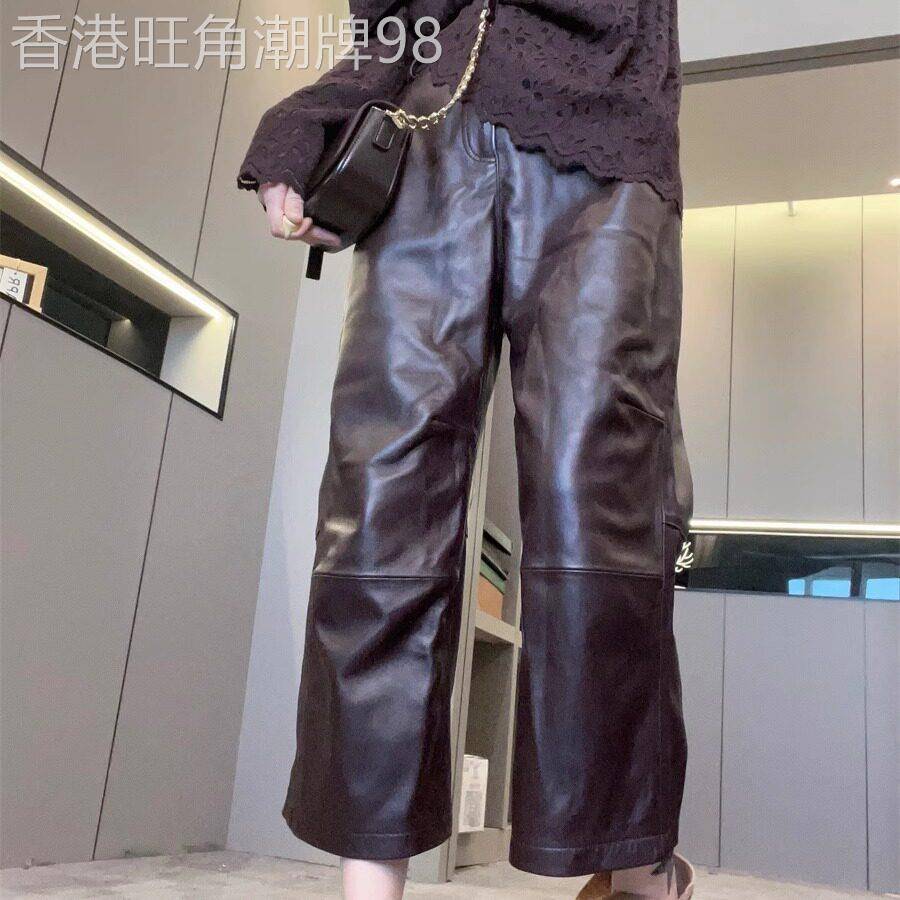 【现货】纯色直筒皮裤女2025春秋新款高腰宽松八分裤简约欧货裤子