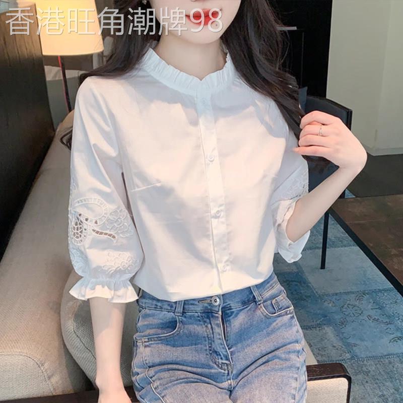 白色衬衫女夏季2026新款薄高级设计感减龄洋气七分泡泡袖衬衣上衣