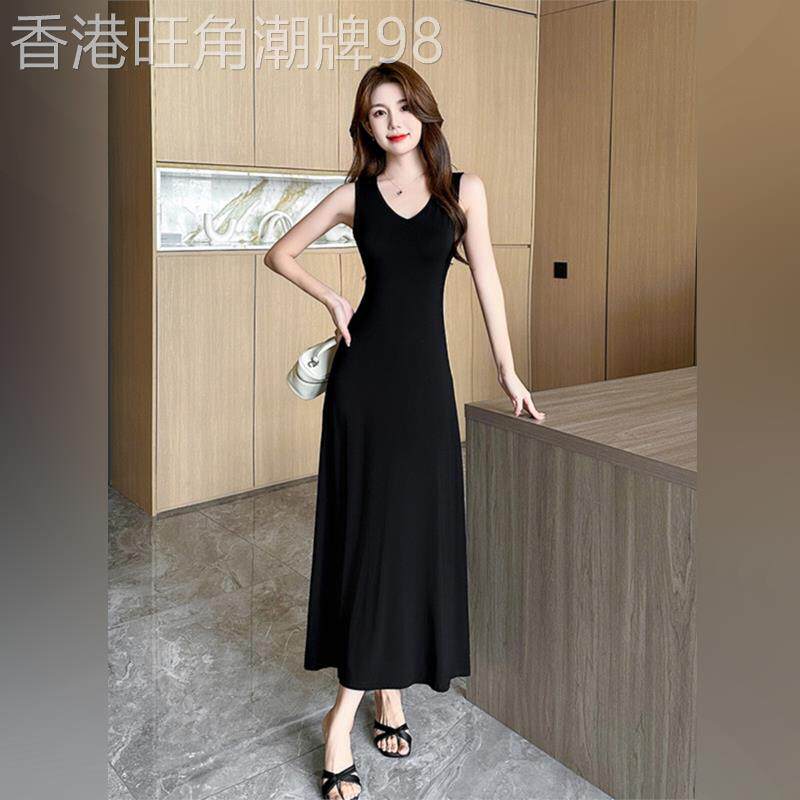 潮牌赫本无袖背心连衣裙女v领新款小黑裙打底吊带a字中长裙内搭