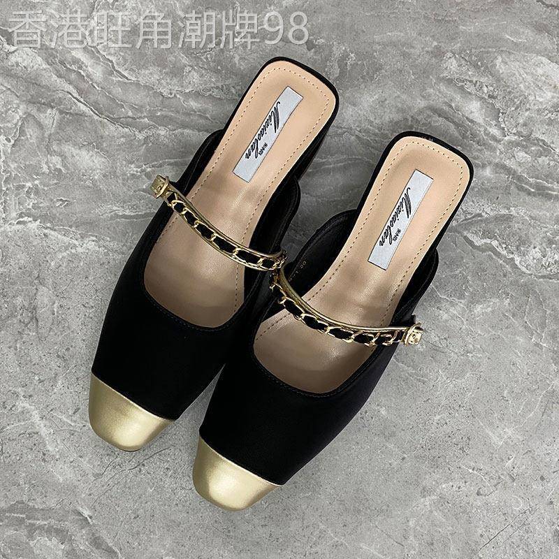 香港真皮包头半拖鞋外穿女鞋夏季半托女鞋软底穆勒鞋黑色粗跟单鞋