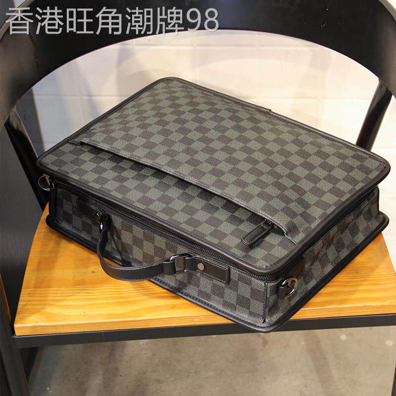 全新真皮男士格子公文包男手提包潮流牛皮男单肩包斜挎包男款拎包