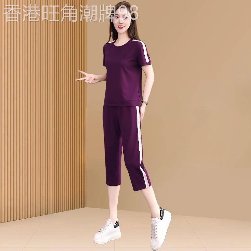 运动服套装女夏薄款高级感时尚洋派宽松显瘦短袖七分裤休闲两件式