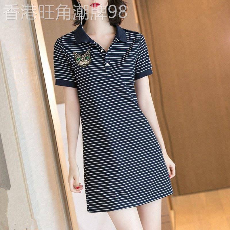条纹Polo连衣裙女2026夏季薄款休闲运动短袖翻领小个子衬衫t恤裙
