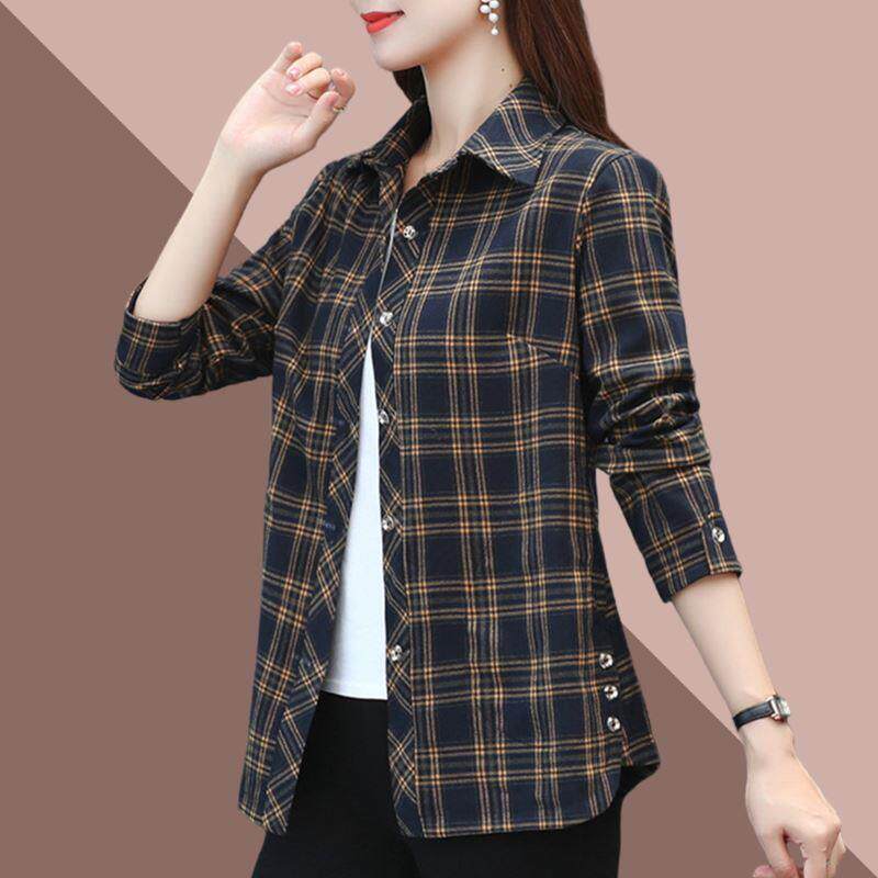 格子衬衫女长袖中年妈妈时尚新款春秋季加绒加厚纯棉宽松休闲衬衣