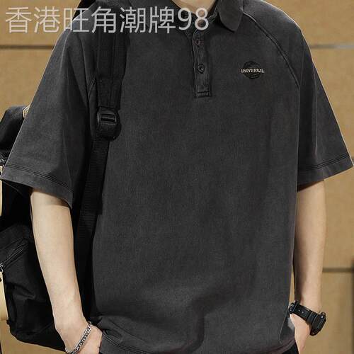 300g重磅短袖t恤男宽松翻领夏季复古水洗纯棉上衣潮流刺绣体恤衫