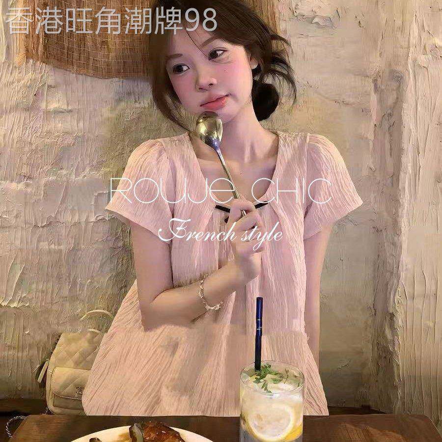 法国rouje chic夏季粉色花苞短袖上衣法式甜美风蝴蝶结褶皱衬衫女