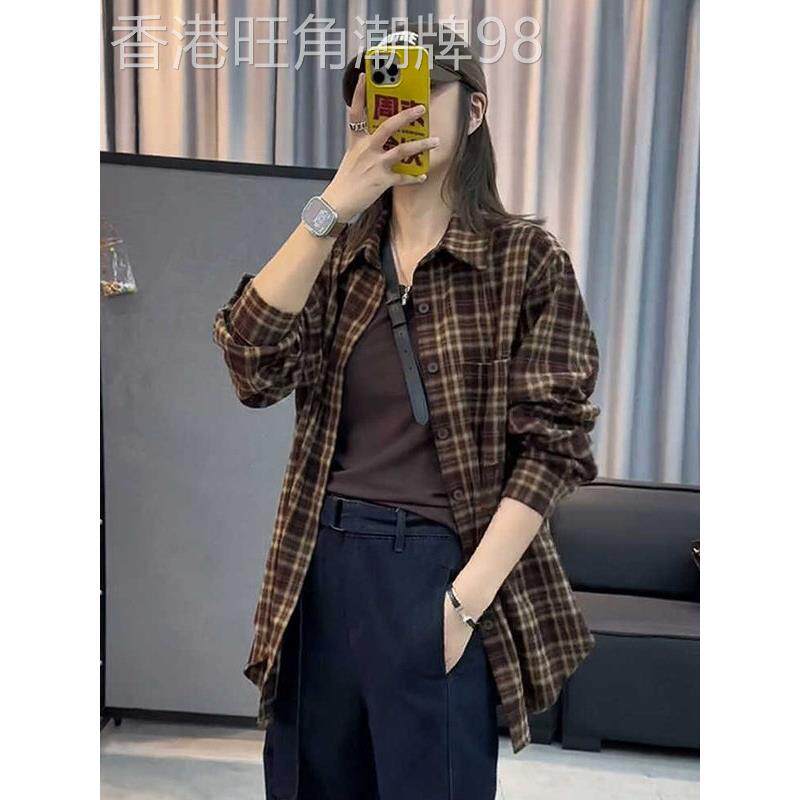 覆古磨毛格子衬衫外套女春秋2025欧货时尚宽松中长款衬衣长袖上衣
