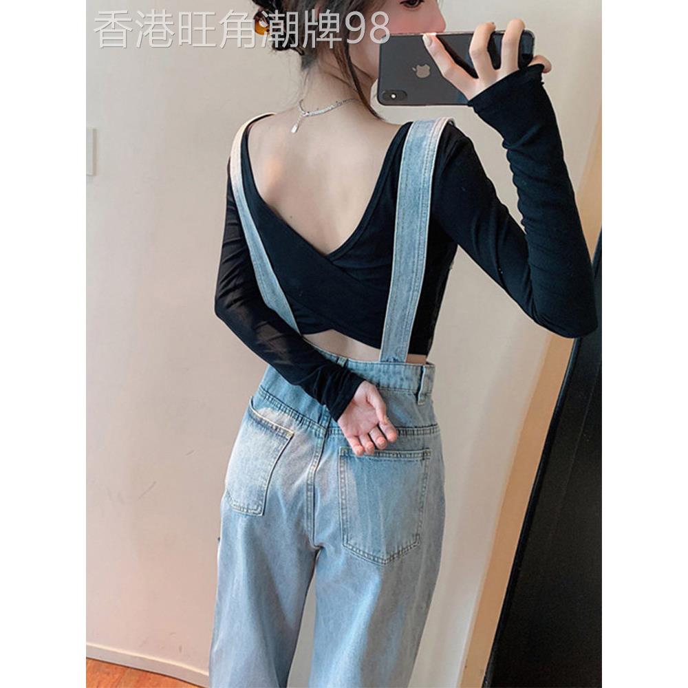 牛仔背带裤女套装网红洋气减龄酷盐系欧洲站显瘦显高阔腿两件套