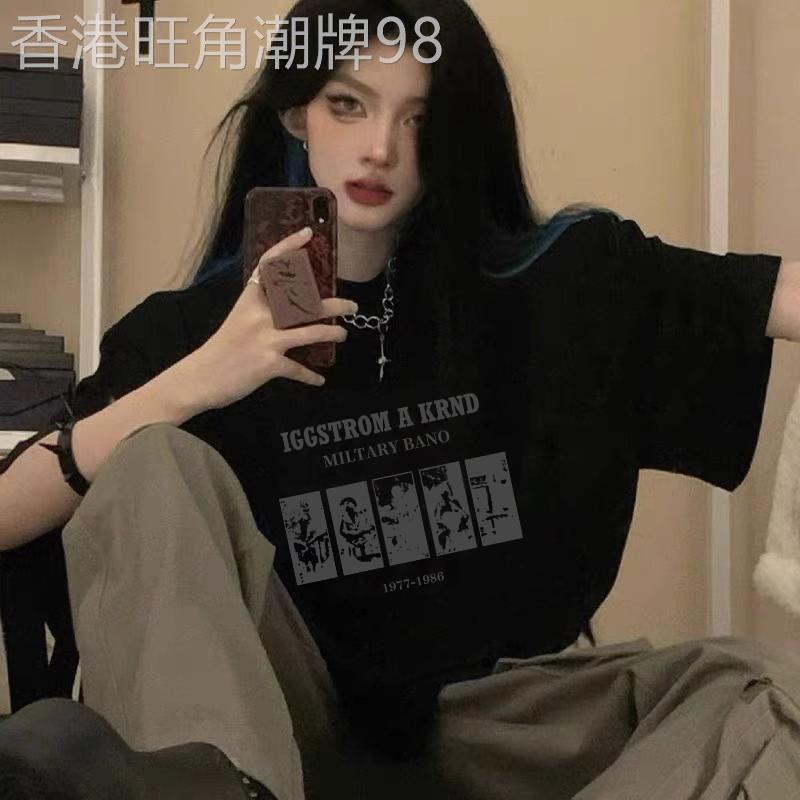 黑色纯棉T恤女夏短袖2026美式高街复古潮牌oversize宽松半袖上衣图片