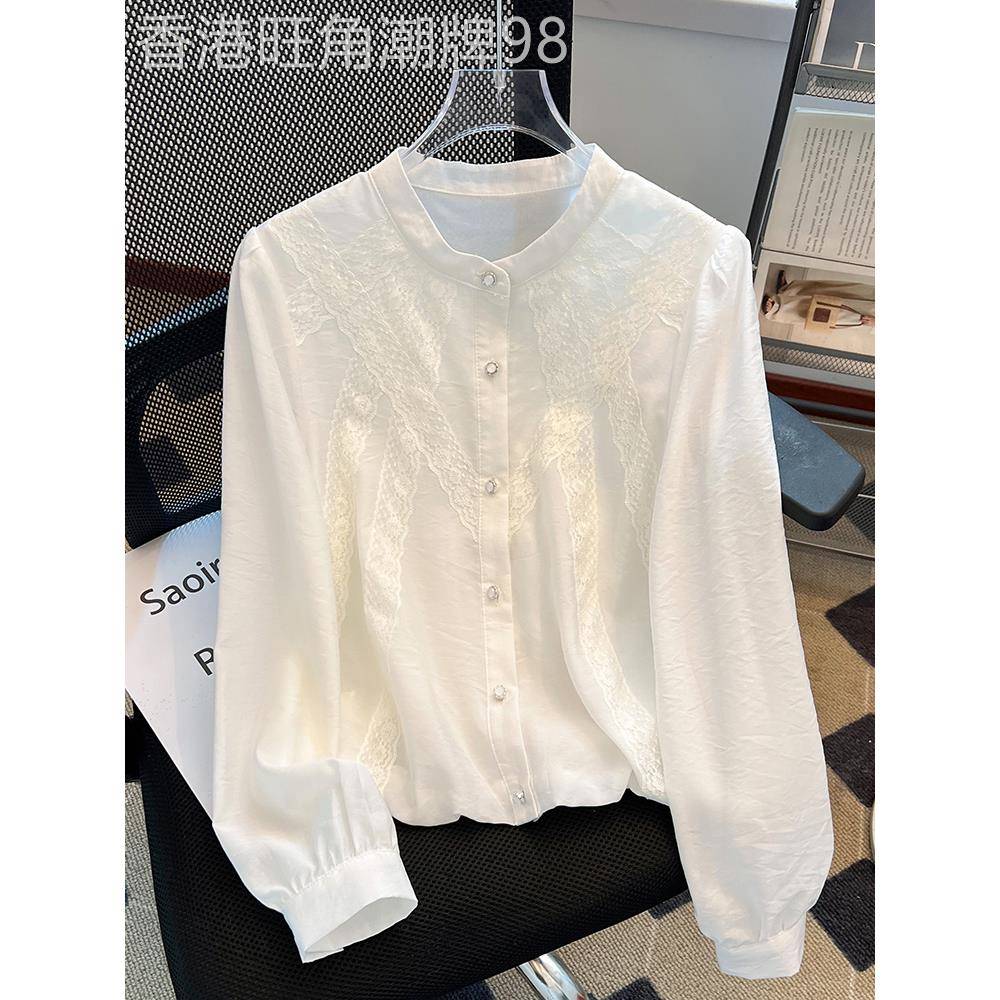 韩国法式白衬衫女春季2025新款纽扣开衫蕾丝花边长袖圆领小衫上衣