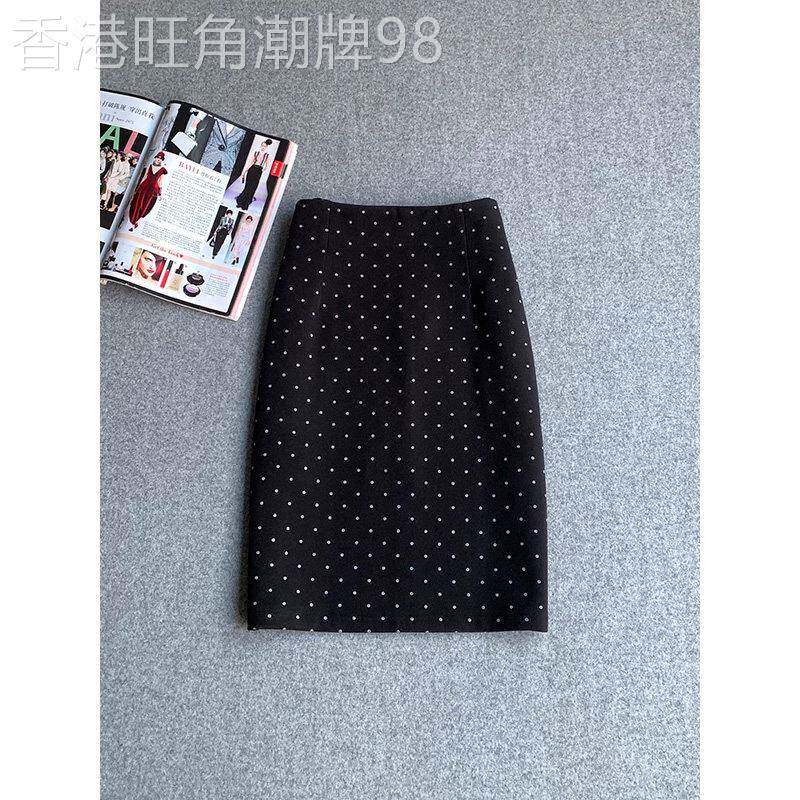 黑色小波点毛呢半身裙女秋冬职业通勤直筒中裙高腰休闲A字包臀裙