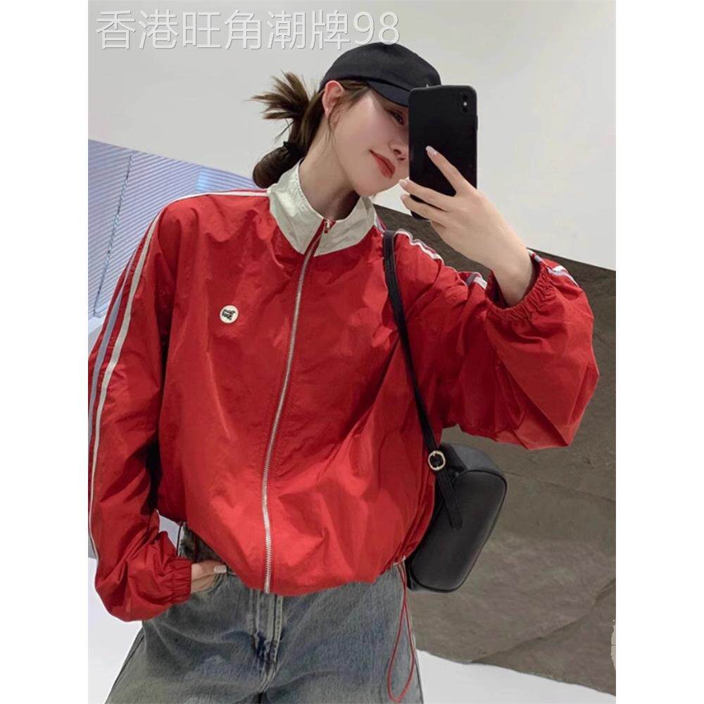 红色立领棒球服外套女2025秋季新款拼色宽松抽绳束腰运动夹克上衣