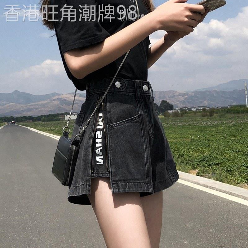 阔腿黑色牛仔短裤女夏季欧货爆款高腰宽松设计感显瘦a字热裤子潮