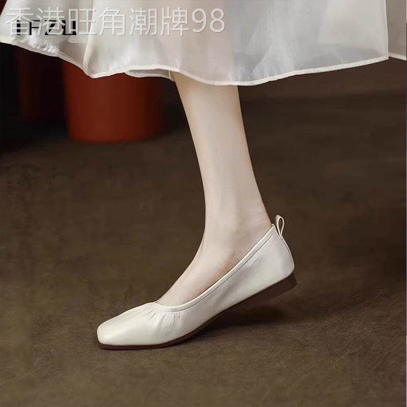 真皮浅口单鞋女2025春秋新款软底软面褶皱方头浅口平底羊皮奶奶鞋