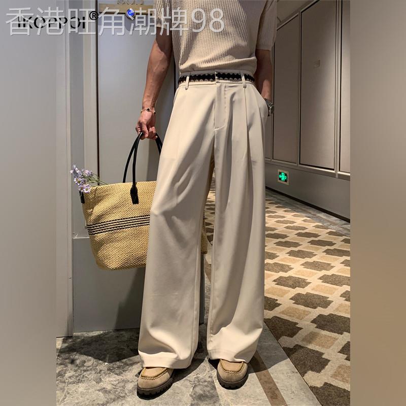 高端男士冰丝裤夏季新款垂坠阔腿西裤韩版直筒裤商务休闲西装裤潮