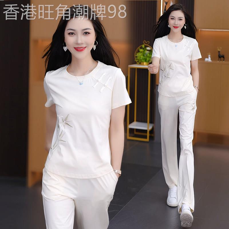 夏季国风运动服套装女2026新款时尚洋派短袖t恤阔腿裤休闲两件式图片