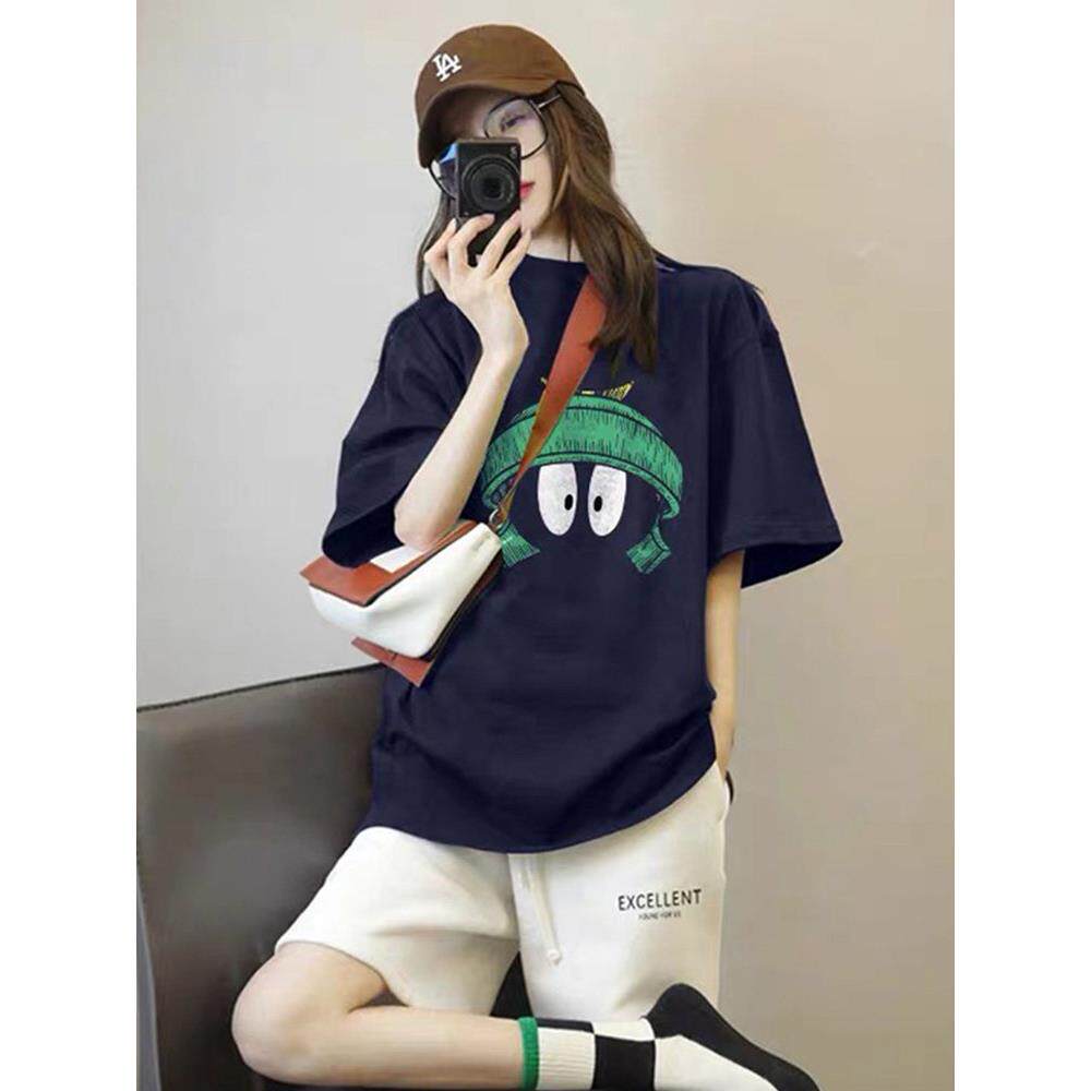 藏蓝色纯棉短袖T恤女2026新款夏季欧货大码胖mm减龄印花体恤上衣