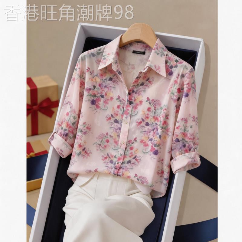 高级感粉色碎花长袖衬衫女2026夏季新款欧货小个子别致防晒衬衫潮