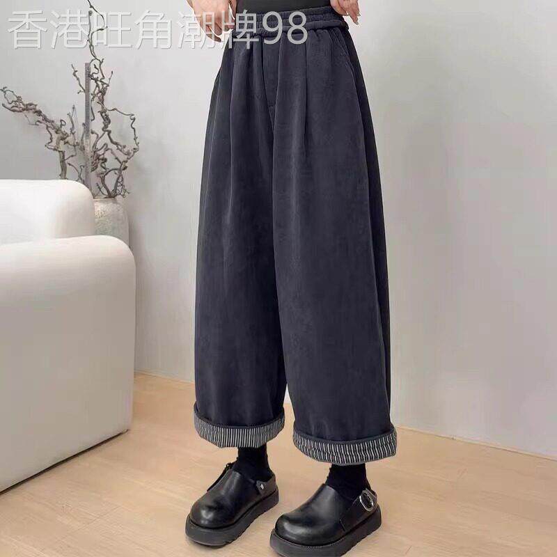 欧货韩系黑色卷边加绒阔腿裤女春秋新款小个子高腰休闲直筒长裤子