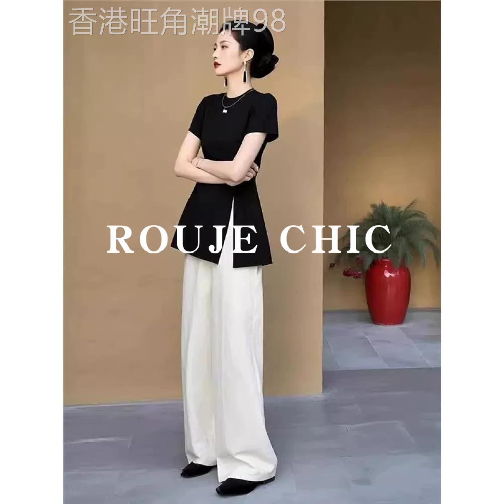 法国rouje chic高级感轻熟黑色开叉短袖T恤女夏季白色阔腿裤套装