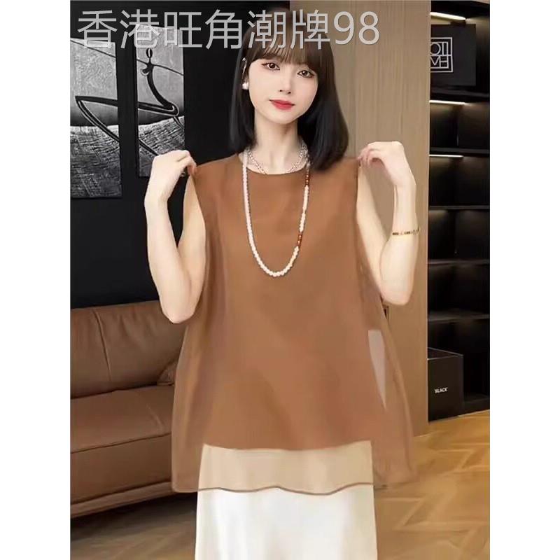 高级感网纱雪纺无袖衬衫女2025夏季法式薄款大码遮肚显瘦欧货上衣