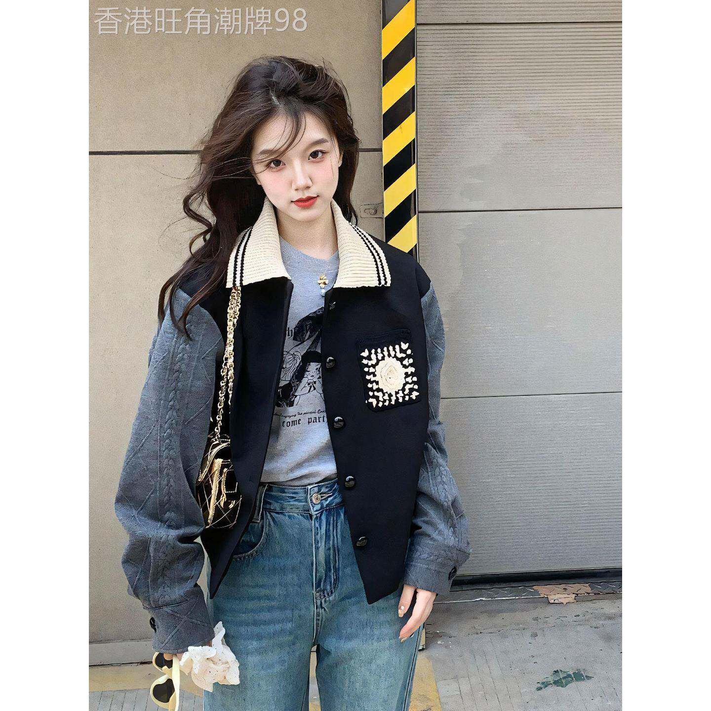 美式老钱小香风黑色夹克外套女25秋季新款小个子短款棒球服大衣冬