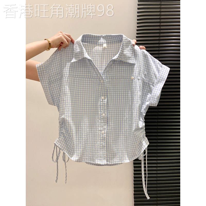 蓝色格子短袖衬衫女士夏季薄款设计感抽绳掐腰衬衫Polo领短款上衣