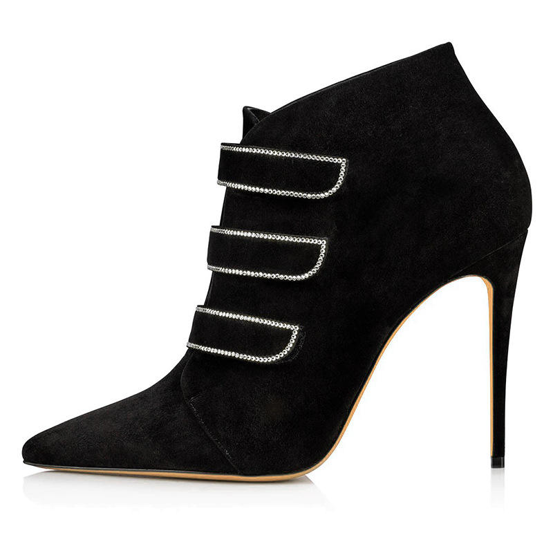 黑色紫红绒面尖头水钻时尚大码细高跟短靴踝靴成都时装外贸女鞋厂