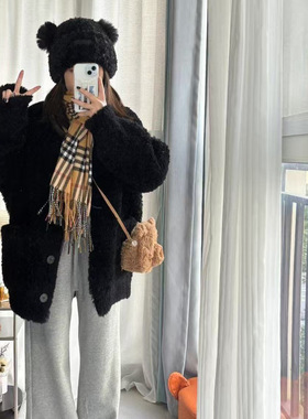 韩系慵懒风黑色毛衣开衫厚外套大衣仿羊羔毛绒宽松秋冬长袖上衣女