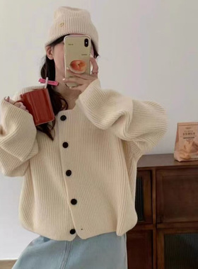 韩版简约纯色针织开衫毛衣外套女秋冬新款宽松休闲短款圆领上衣潮