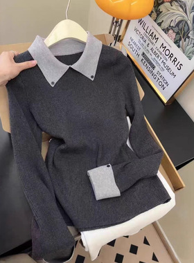 韩系学院风撞色翻领针织衫女2025秋冬新款修身显瘦别致长袖打底衫