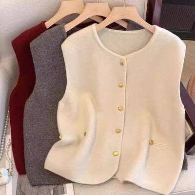 叠穿坎肩单排扣毛衣开衫