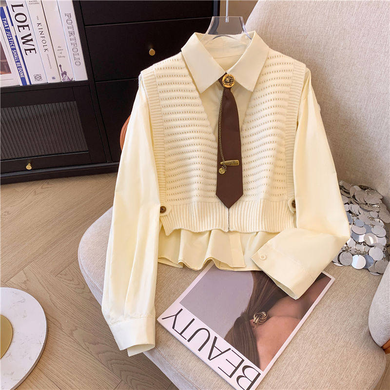 学院风减龄拉链针织马甲背心上衣套装女秋叠穿衬衫领带短款外套