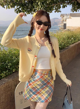 黄色针织开衫外套女2025新款撞色毛衣独特超好看秋季气质韩系上衣