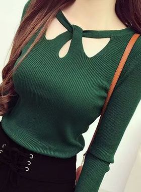 新款前胸镂空针织毛衣女秋冬韩版修身小性感长袖弹力打底衫女上衣